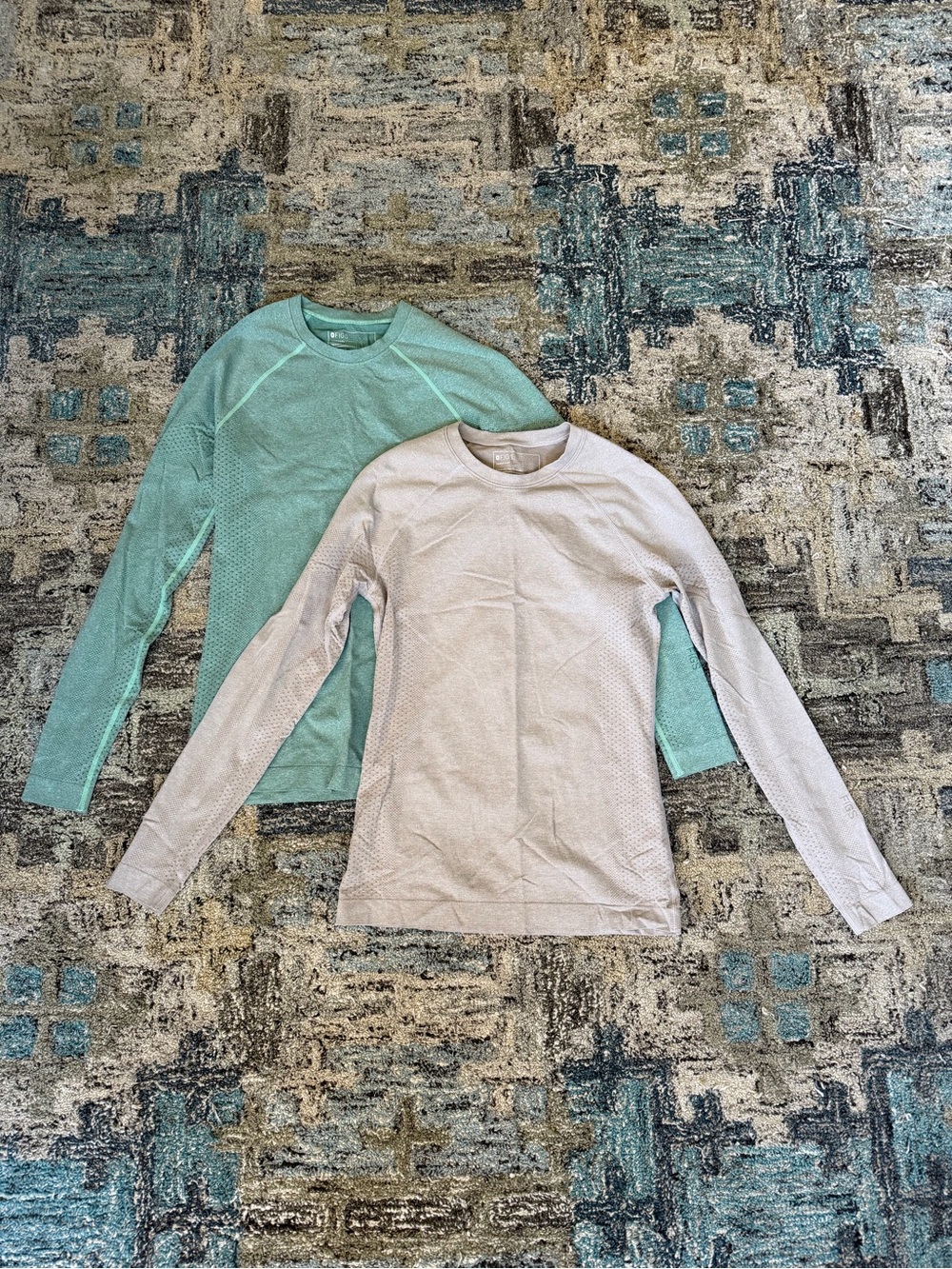 Figs Long-Sleeve Performance Tops in Green and Light Grey